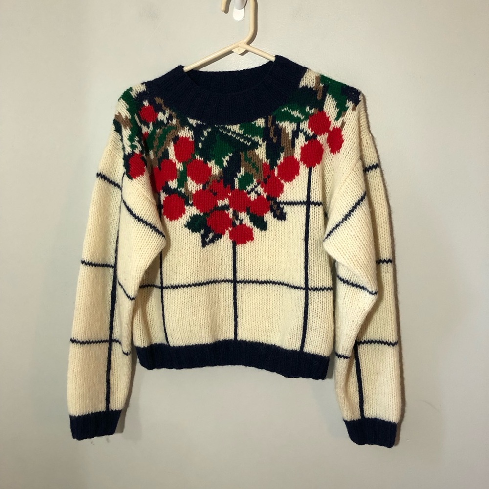 Vintage hand knit Shetland wool eagle eye womens sweater M apple tree windowpane
